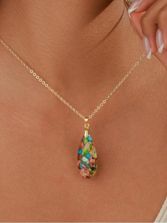 Anthropologie Jewelry - Anthropologie Gold Tear-Drop Pendant with Multicolor Mosaic